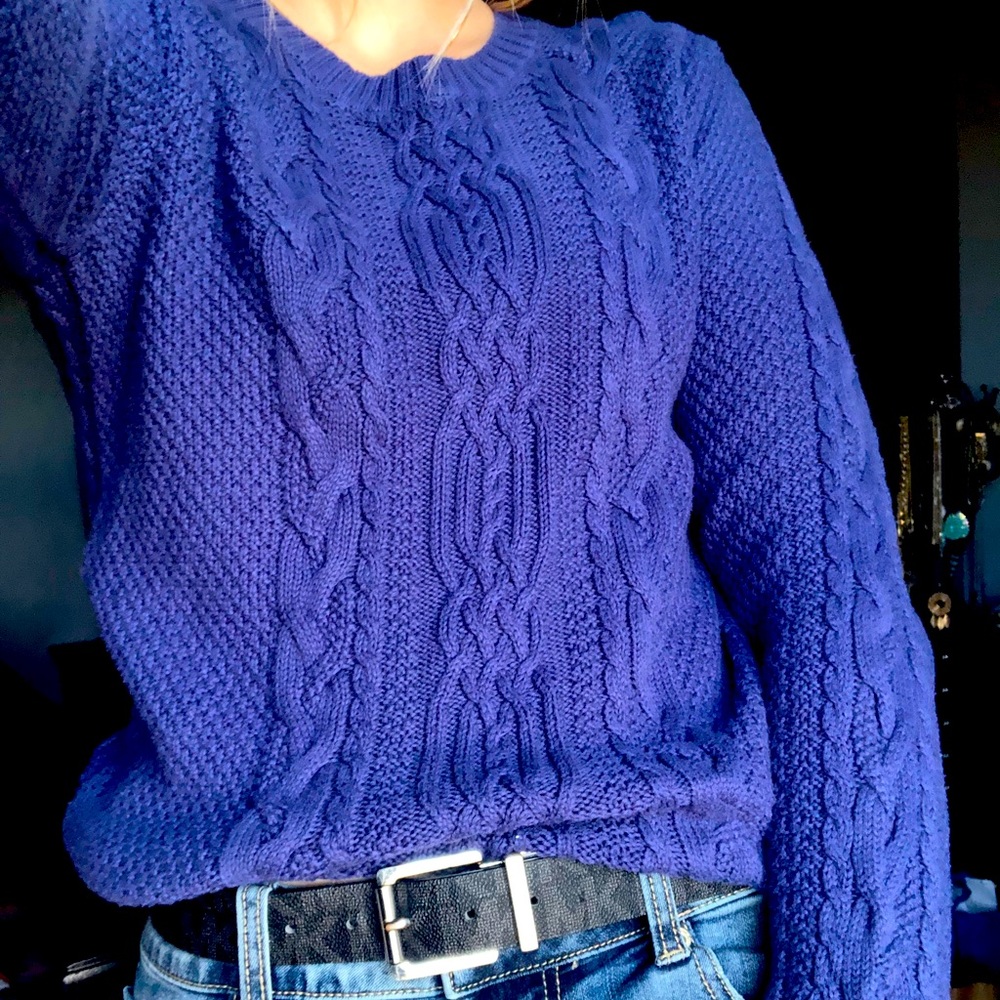 cable knit blue sweater